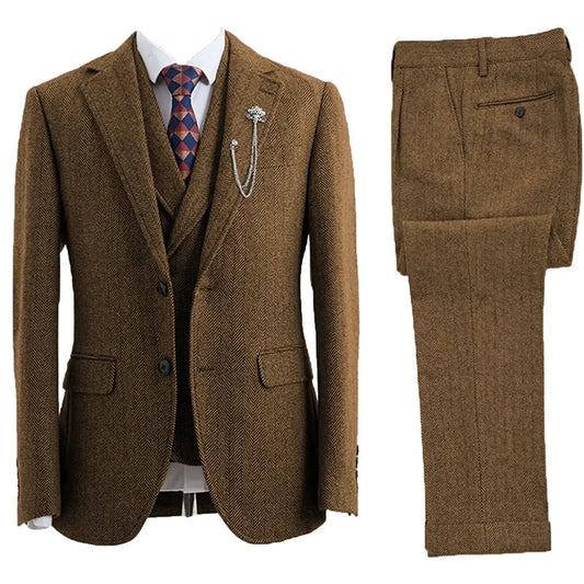 Men's Classic 3-Piece Herringbone Suit - Tailored Fit