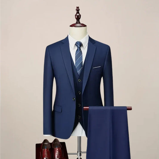 Men's Slim Fit Navy Three-Piece Suit for Formal Events